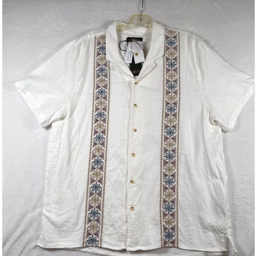 Truth by Republic Mens XL White Embroidered Short Sleeve Button Down Camp Shirt